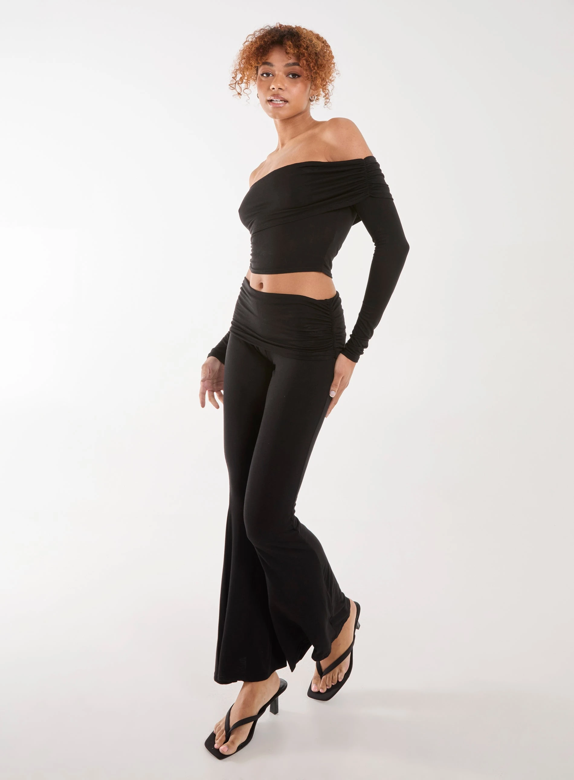 Fold Over Waist Lounge Flares  - S  - BLACK