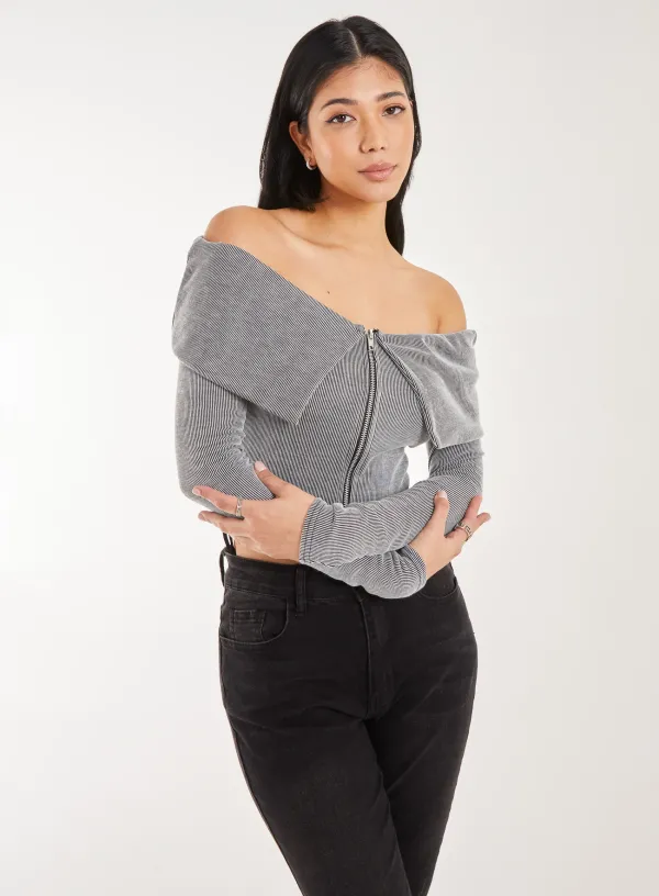 Fold Over Zip Bardot Top - - GREY
