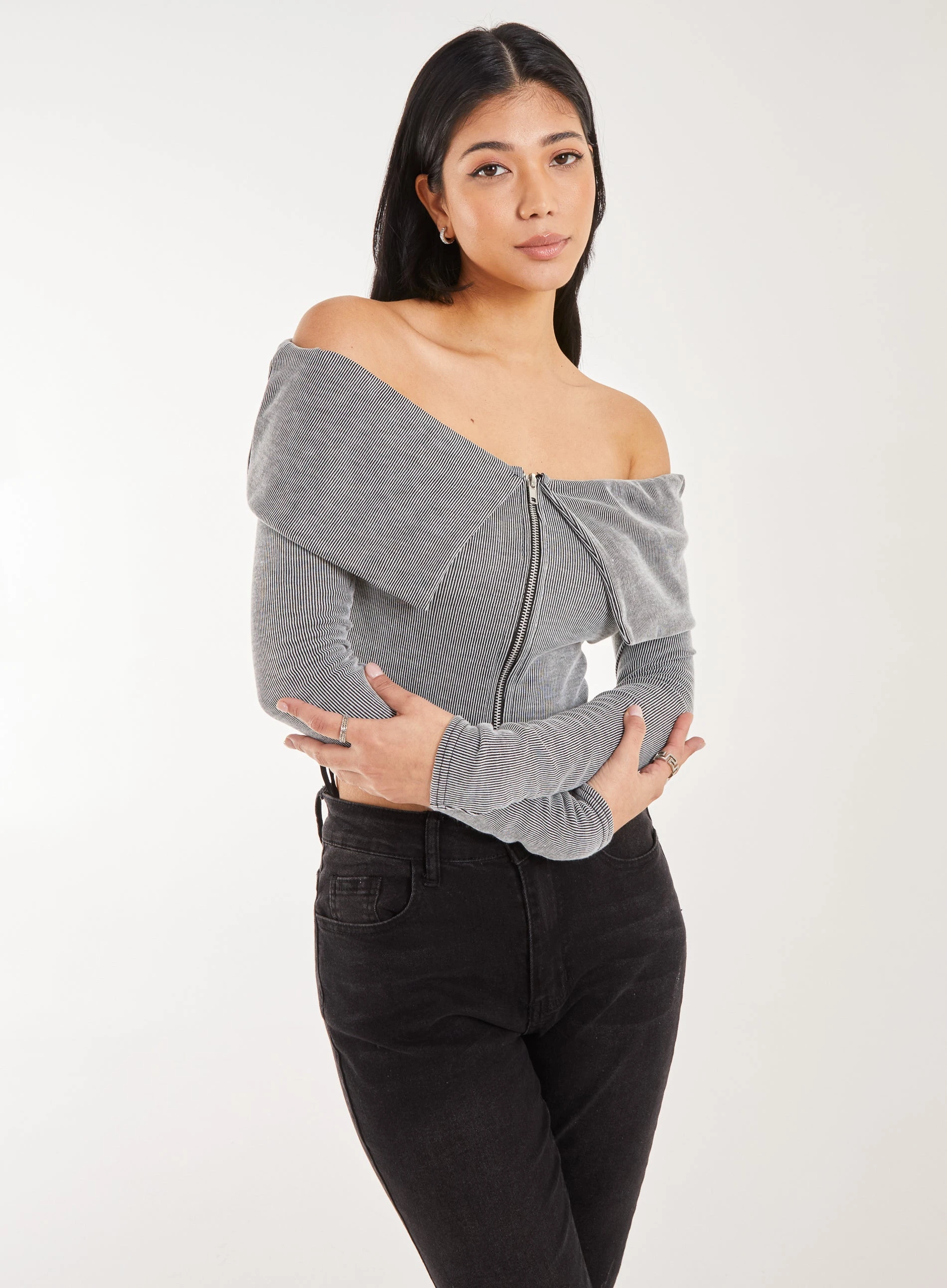 Fold Over Zip Bardot Top  - M  - GREY