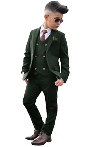 Formal Boy's Suit 3 PC Peak Lapel Flower Boys Tuxedos Blazer Vest Pants for Kids Dresswear Suit Dark