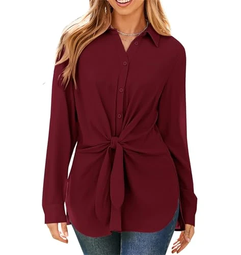 Formal Chiffon Blouse Classic Long Sleeve Button Down Lapel Shirt Regular Fit Tie-Waist Casual Tunic