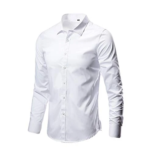 Formal Shirts for Men UK, White Non-Iron Lapel Wrinkle-Free Plain Blouse Long Sleeve Regular Fit But