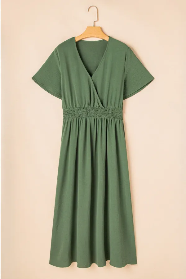 Four Leaf Clover Surplice Neckline Shirred High Waist Plus Size Maxi Dress - Four Leaf Clover / 3X / 100%Polyester
