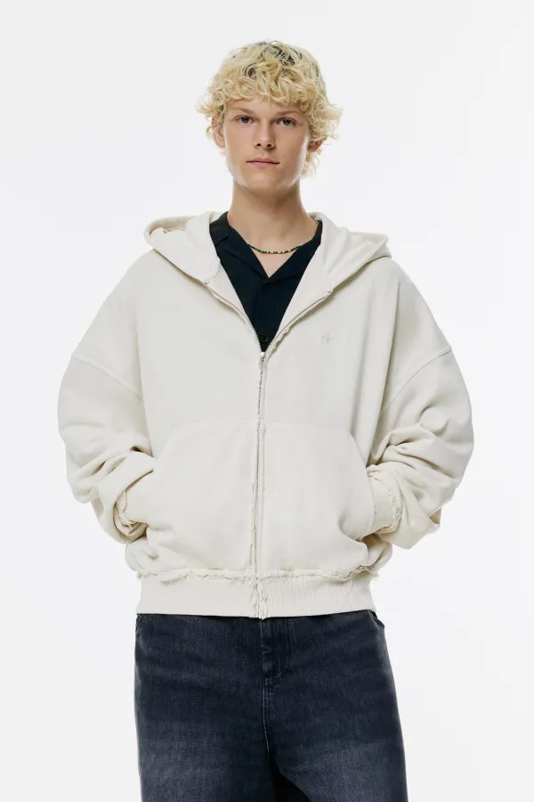 Frayed Zip-Up Hoodie - Off white