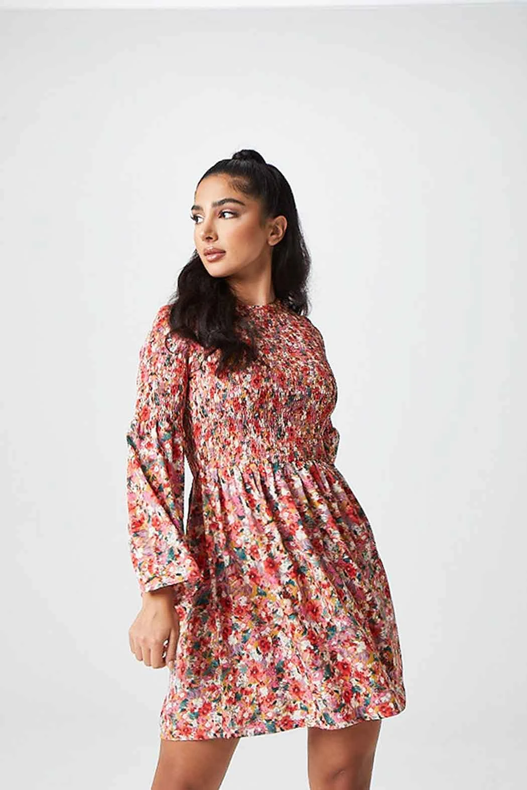 Freesia Floral Ruche Dress Red /