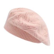French Beret Hat Reversible Solid Color Cashmere Warm Hat for Women Girls (Knitted Pink)