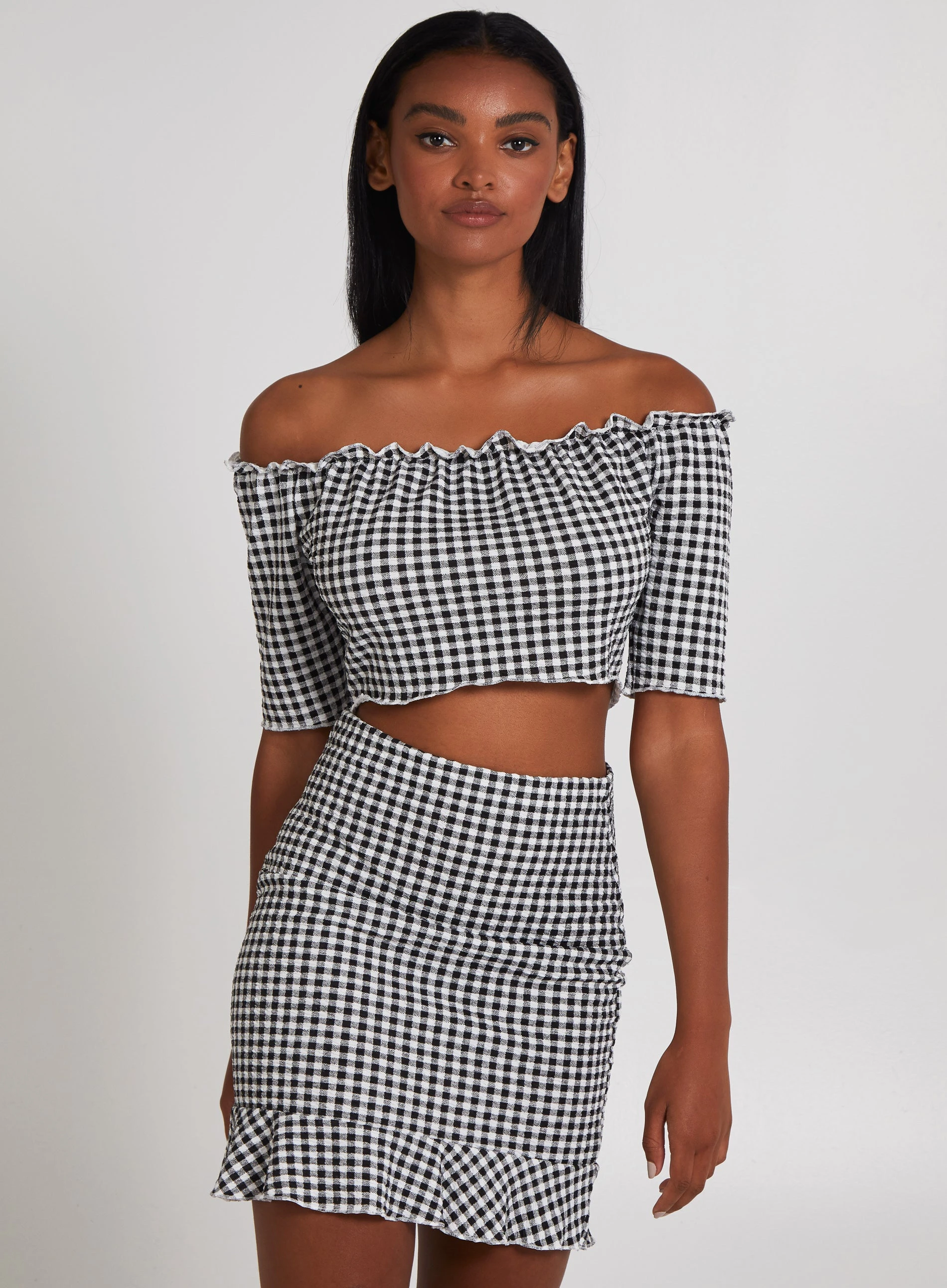 Frill Detail Gingham Bardot Top  - L  - Black