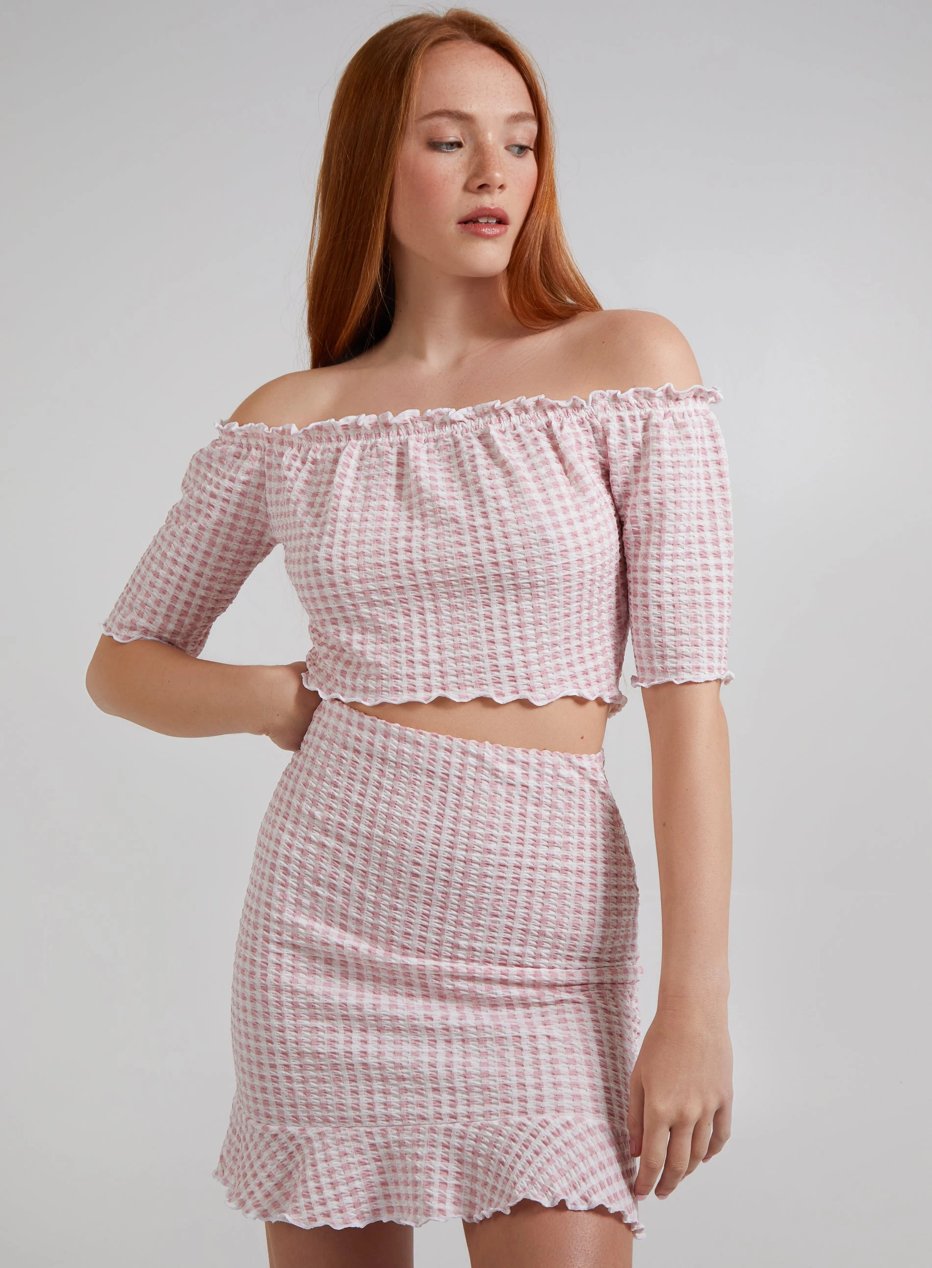 Frill Detail Gingham Bardot Top Pink