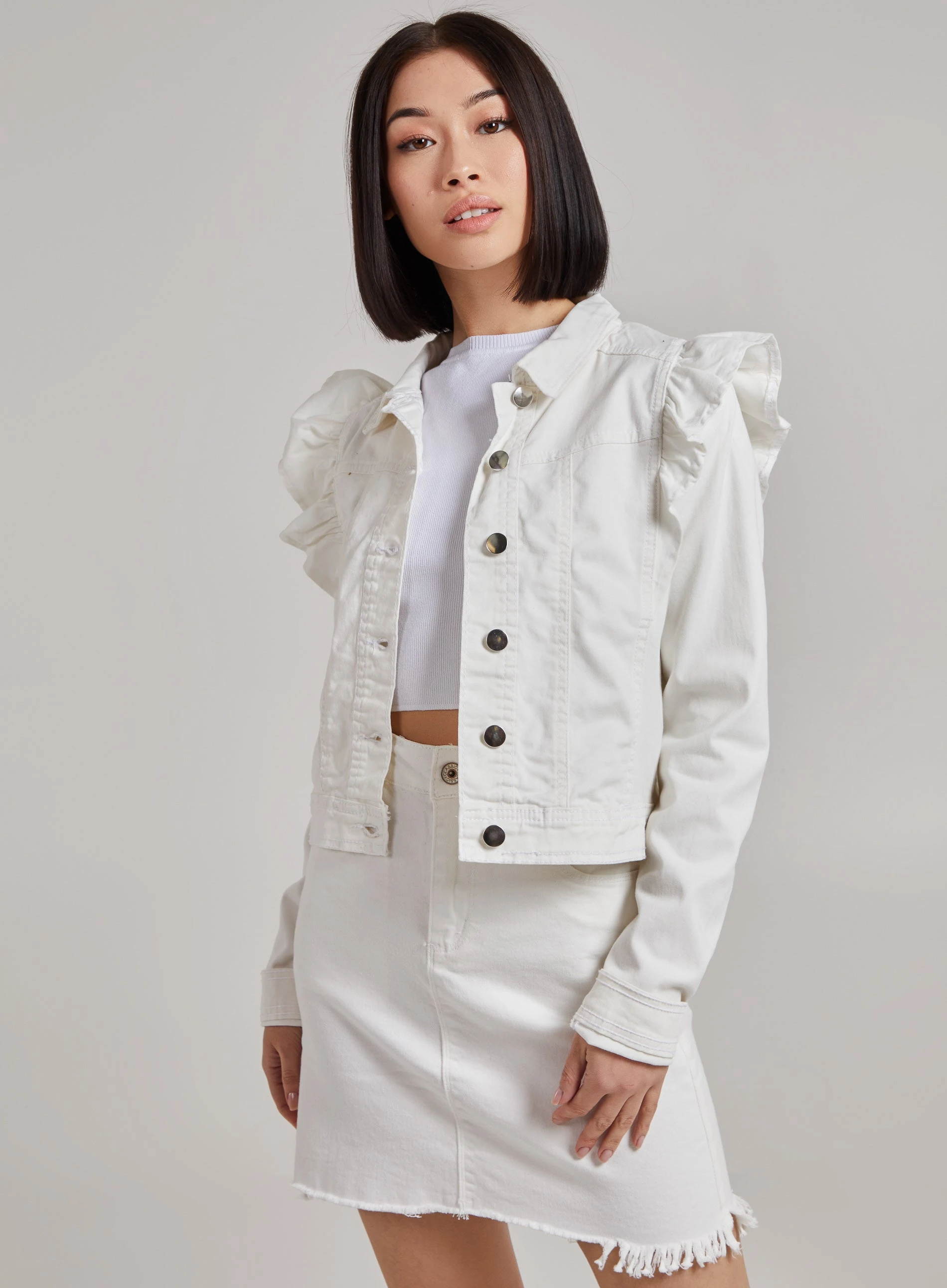 Frill Shoulder Denim Jacket  - 12  - White