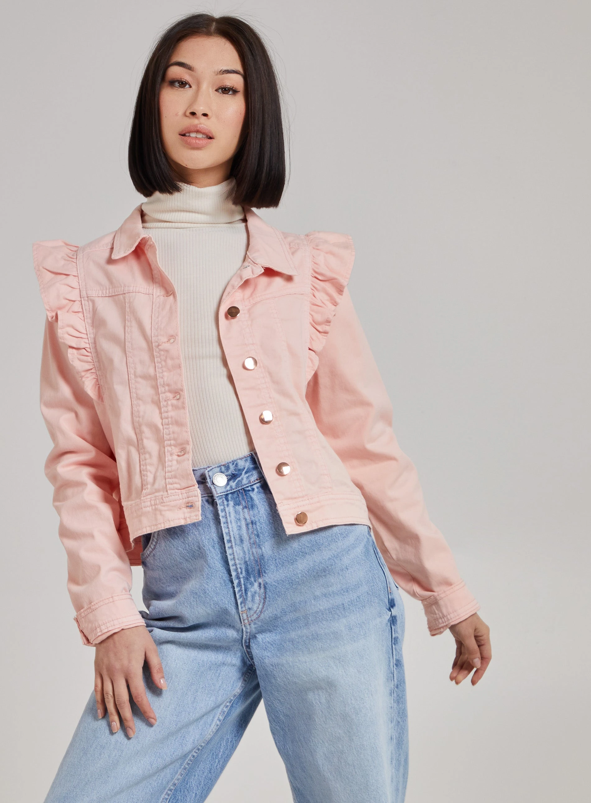 Frill Shoulder Denim Jacket  - 14  - Pink