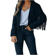 Fringe Jacket Women's Elegant Hippie Clothing Fringe Coat Black Slim Fit Bomber Jacket - Loose Jacket Vintage Biker Jacket Motorcycle Short Jacket for Women Suede Blazer Coat Leisure Top,