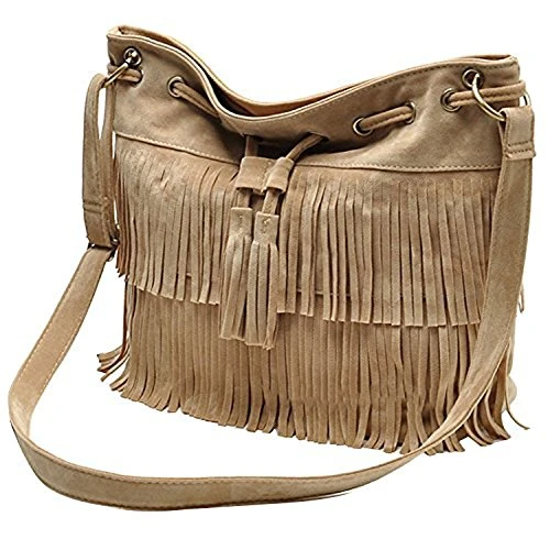 Fringe Tassel Faux Suede Shoulder Messenger Bag Women Handbag Cross-body Shoulder Bag (Beige)