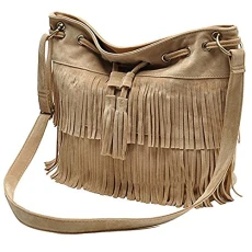 Fringe Tassel Faux Suede Shoulder Messenger Bag Women Handbag Cross-body Shoulder Bag (Beige)