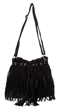 Fringe Tassel Faux Suede Shoulder Messenger Bag Women Handbag Cross-body Shoulder Bag (Black)