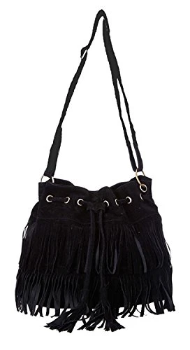 Fringe Tassel Faux Suede Shoulder Messenger Bag Women Handbag Cross-body Shoulder Bag (Black)