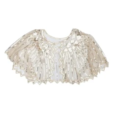 Fringe Wraps Cosplay Flapper Sequins Wedding Bridal Performance Short Beige S Fringe Gatsby Evening Women's Lace Cover Beads Wrap Collar Shrugs Cape Delicate Coat, apricot, 75X31X0.1CM