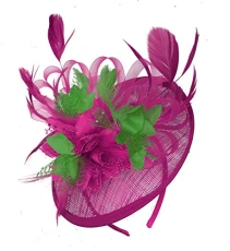 Fuchsia Hot Pink and Jade Green Sinamay Disc Saucer Fascinator Hat for Women Weddings Headband