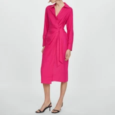 Fuchsia Linen Blouse Dress With Bow - Pink
