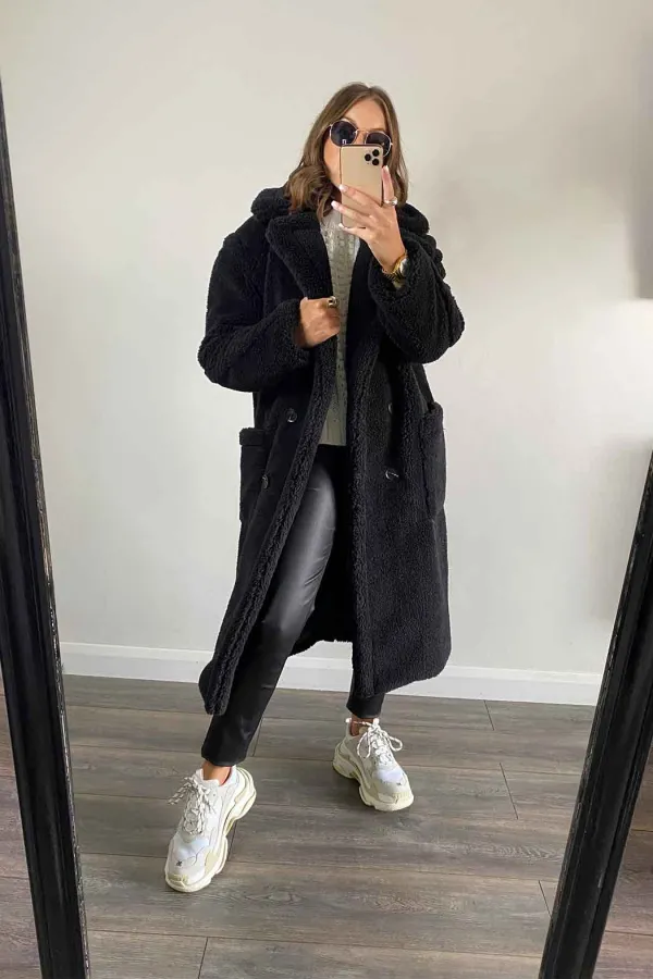 Fulham Black Long Line Teddy Borg Jacket