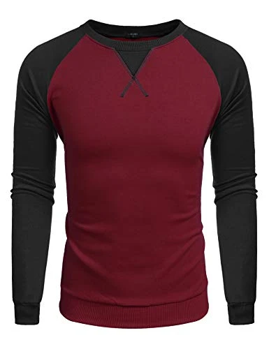 Full Sleeve T-Shirt Mens Cotton Baseball T-Shirts Crew Neck Contrast Raglan Shirts Regular Fit Wine Red S