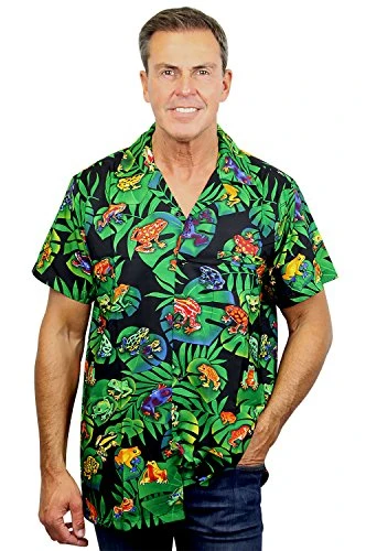 Funky Hawaiian Shirt, Rainforest Frogs, black, M