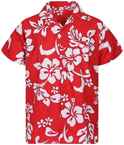 Funky Hawaiian Shirt, Shortsleeve, Hibiscus, Eclectic-Red, XL