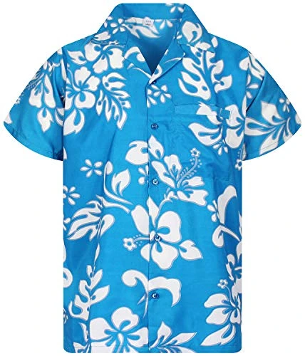 Funky Hawaiian Shirt, Shortsleeve, Hibiscus, Turquoise, XS