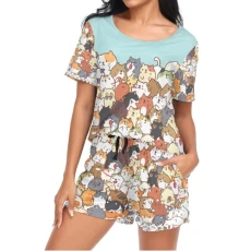 Funny Cats Womens Pyjamas Sets Short Sleeves, Ladies Pajamas Pjs Set Loungewear with Pocket Size XL