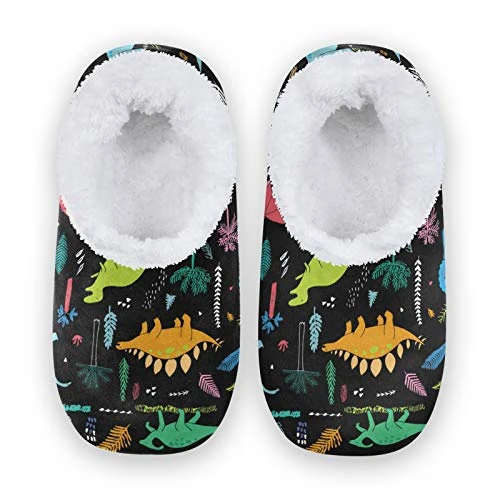 Funny Dinosaur Palm Leaf House Fleece Slippers Comfy Bedroom Shoes Anti-Slip for Men UK 10-11