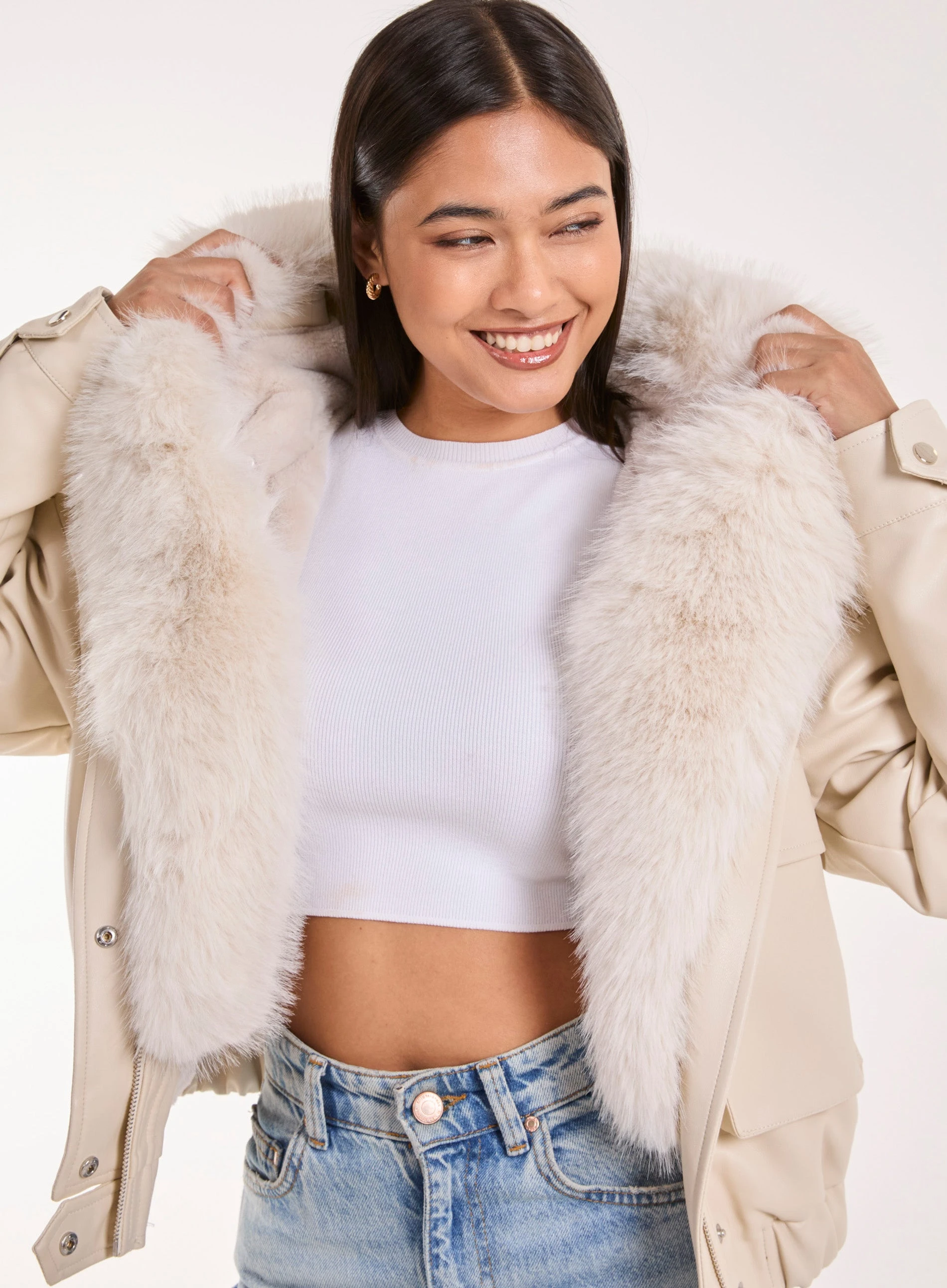 Fur Hooded Cropped Utility Jacket STONE