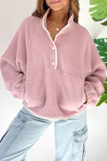 Fushia Stand Neck Half Button Zip Pocket Plush Sweatshirt - FUSHIA / / 100%POLYESTER Fushia Stand Neck Half Button Zip Pocket Plush Sweatshirt - FUSHIA / / 100%POLYESTER