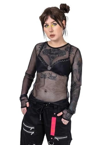 Future T-Shirt Fine Mesh Sheer Gothic Punk Sleeves Thumbholes, Black, L