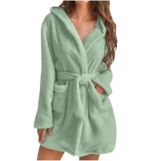 Fuzzy Robes for Women Mid Length Fluffy Hooded Bathrobe with Belted Solid Comfy Soft Dressing Gown Plush Bath Robe with Pockets Fall Winter Warm Winter Spa Robe S-3XL