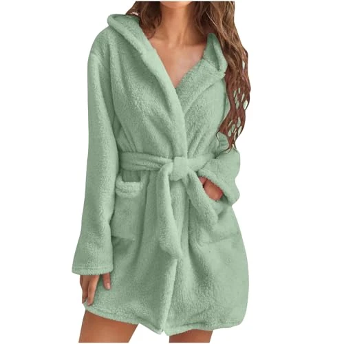 Fuzzy Robes for Women Mid Length Fluffy Hooded Bathrobe with Belted Solid Comfy Soft Dressing Gown Plush Bath Robe with Pockets Fall Winter Warm Winter Spa Robe S-3XL
