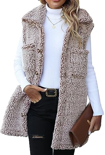 Fuzzy Sherpa Fleece Jacket Lightweight Vest Cozy Sleeveless Cardigan Zipper Waistcoat Outerwear with