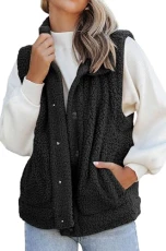 Fuzzy Sherpa Fleece Jacket Lightweight Vest Cozy Waistcoat Sleeveless Cardigan Outerwear Black
