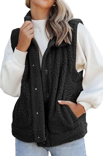 Fuzzy Sherpa Fleece Jacket Lightweight Vest Cozy Waistcoat Sleeveless Cardigan Outerwear Black