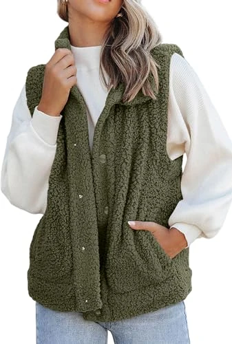 Fuzzy Sherpa Fleece Jacket Lightweight Vest Cozy Waistcoat Sleeveless Cardigan Outerwear Green