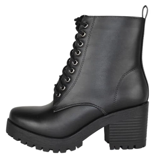 FUZZY ~ Women Chunky Lug Sole Lace up Fashion Combat Ankle Boot w/Side Zipper, Black Pu, 5 UK