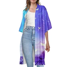 Galaxy Butterfly Kimono Cardigans for Women Girls Swim Cover Up Purple Pink Summer Clothes Size 2XL Short Sleeve Outfits Long Robes Shirt Beach Dress