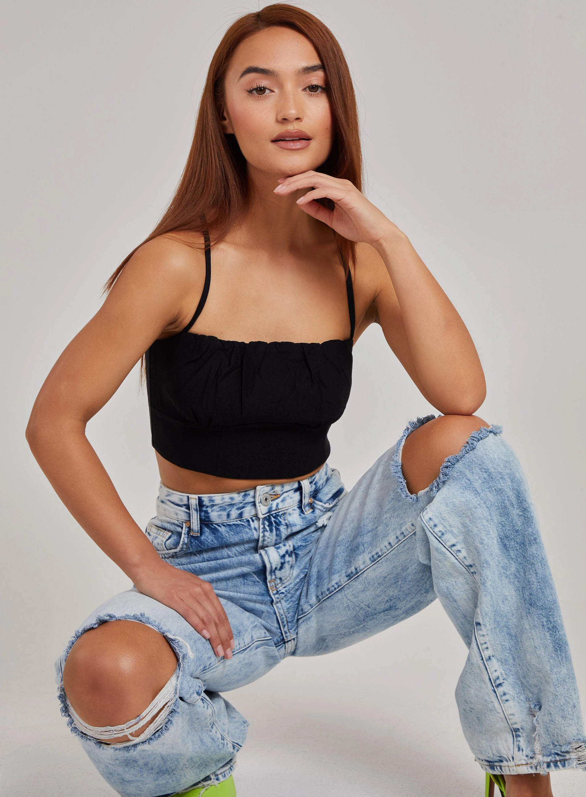 Gathered Bengaline Crop Top Black