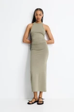 Gathered Halter Midi Dress - Khaki