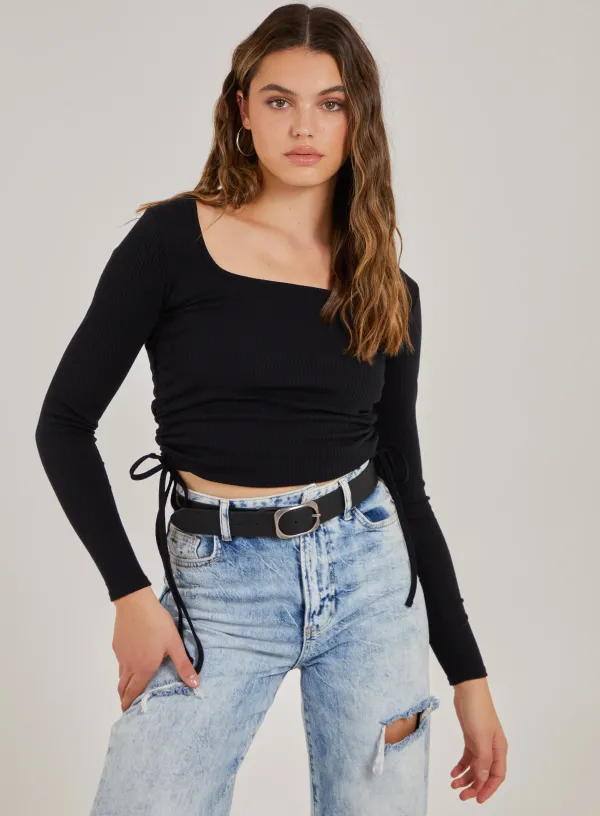 Gathered Ribbed Long Sleeve Top - - BLACK
