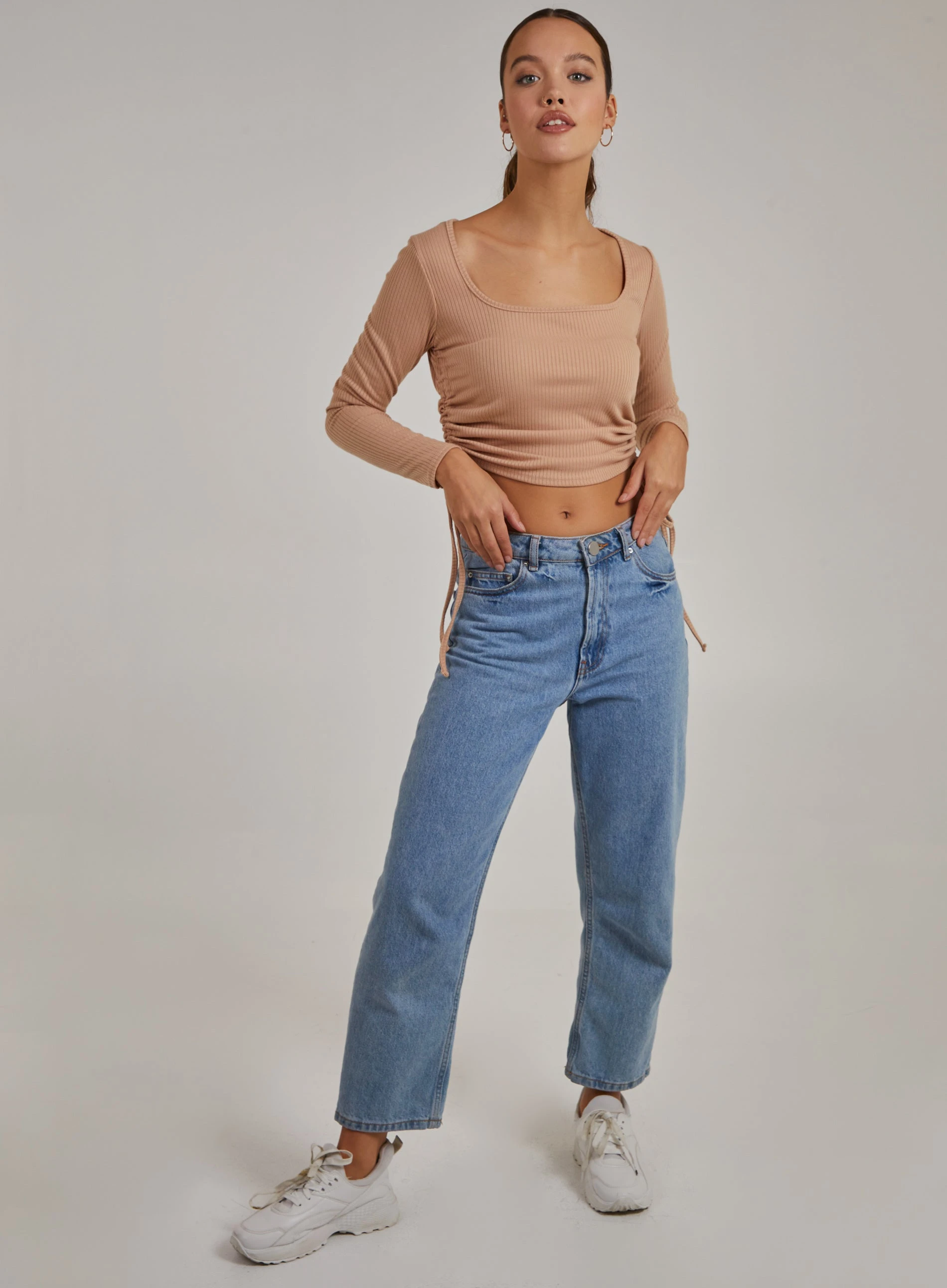 Gathered Ribbed Long Sleeve Top Stone