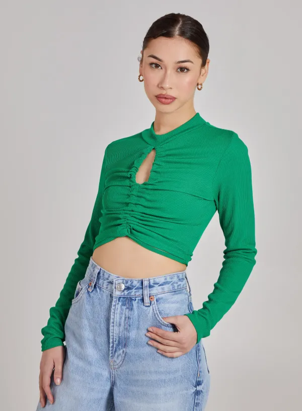 Gathered Ribbed Top With Cut Out Detailing - M - Green