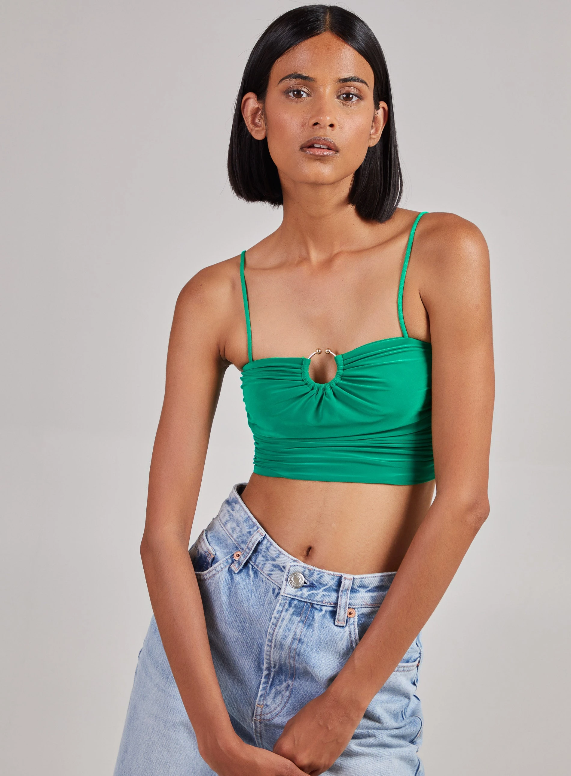 Gathered Ring Detail Slinky Cami Top Green