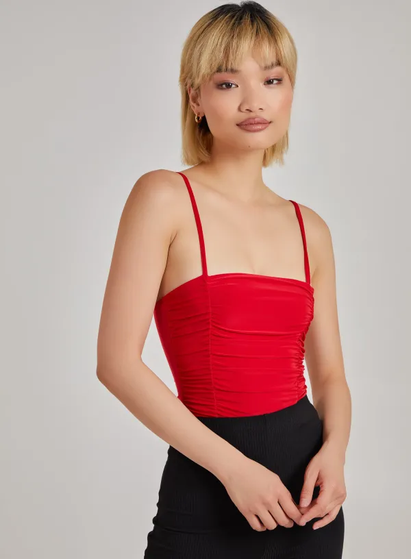 Gathered Slinky Cami Strap Bodysuit - L - Red