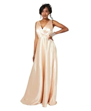 Gathered Wrap Front Satin Maxi Dress, Champagne, S, 10541-CHAM-S