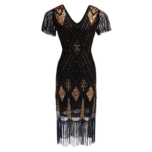 Gatsby Dress, Women 1920s Art Deco Sequin Paisley Flapper Tassel Glam Party Cocktail Dresses Black