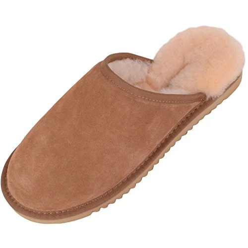 Genuine Unisex Mule Extra Thick Sheepskin Slip on Slippers Hard Man Made Sole. Chestnut Brown. Size 